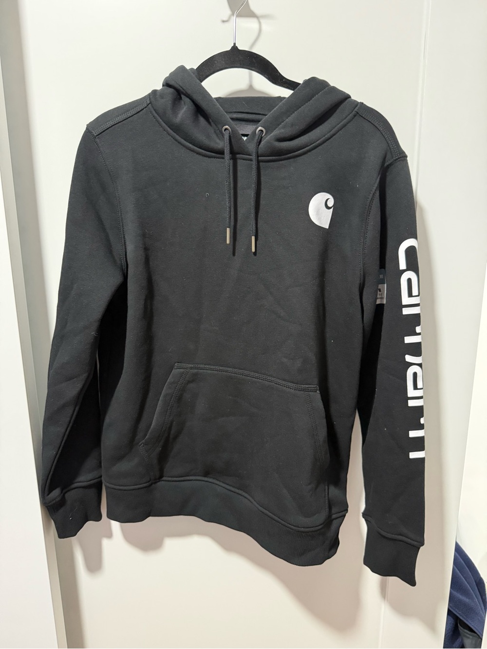 Carhartt Black Pullover Hoodie with White Logo and Sleeve Script